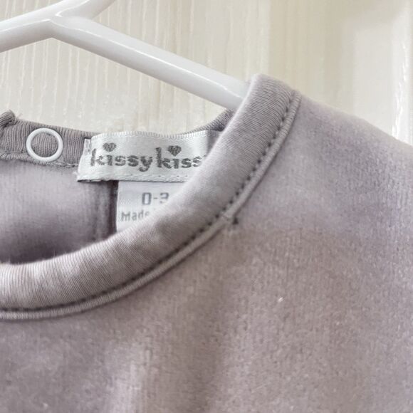 Kissy Kissy Gray Velvet Footie One Piece Crochet Lace Trim Size 0-3 Months - Picture 8 of 12